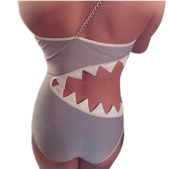 Other - Gray Shark Bite White Teeth Open Side Bathing Suit One-Shoulder Swimsuit Gold S